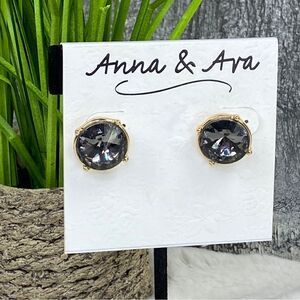 Anna & Ava Dark Gray Rhinestone‎ Stud Earrings Fashion Gold Tone